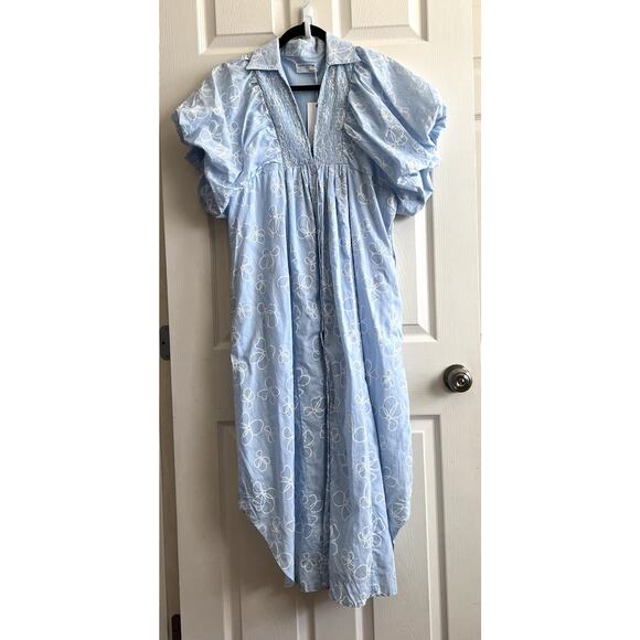 ANNIE WEAR Pale Blue Floral Smocked Puff Sleeve Button Shirt Midi Dress Sz L NWT - Picture 5 of 16